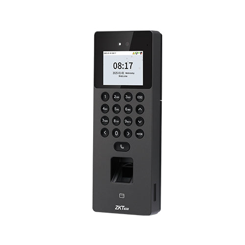 ZKTeco SenseFace 2A de frente en tres cuartos: pantalla TFT a color, teclado numerico y lector de huella